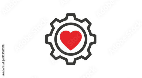 Red Heart Inside Gear Icon Symbol.