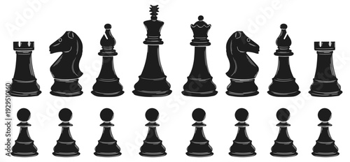Complete black chess piese set with king, queen, rooks, bishops, knights, pawns. Classic chessman silhouettes, strategy concept figures, board game icons. 
