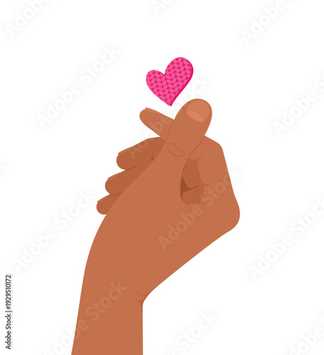 Hand showing a love gesture and a pink heart on a white background. Vector illustration