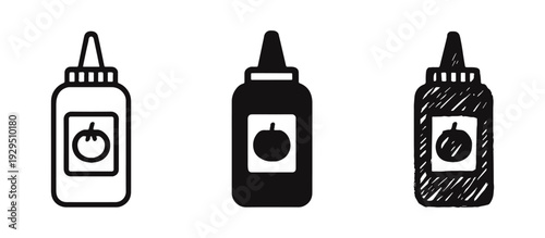 Ketchup Bottle Icon Set: Condiment and Food Sauce Symbols in Outline, Solid, and Hand-Drawn Styles