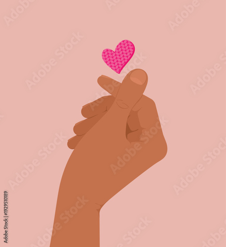 Hand showing a love gesture and a pink heart on a pink background. Vector illustration