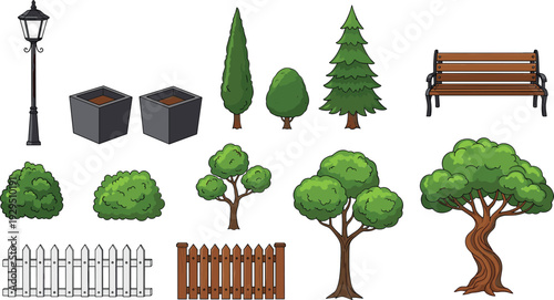 Park Elements Collection with Trees Bushes Bench Fence and Street Lamp Flat Vector Illustration Set