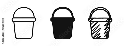 Bucket Icon Set: Water, Cleaning, and Gardening Symbols in Outline, Solid, and Hand-Drawn Styles