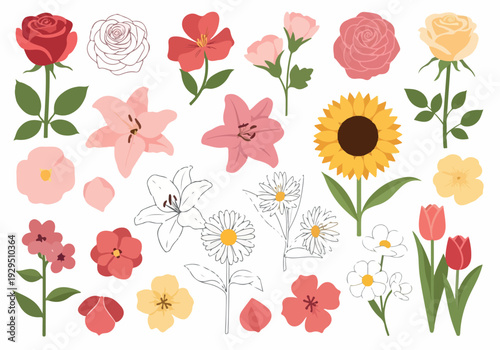 A vibrant collection of assorted floral elements, featuring diverse blossoms like roses, tulips, lilies, and sunflowers in a charming illustration