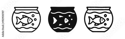 Fish Bowl with Fish Icon Set: Pet, Aquarium, and Aquatic Life Vector Illustration