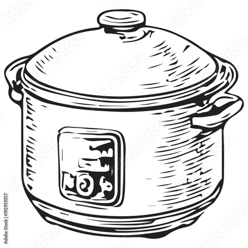 Vintage Slow Cooker Pot Hand Drawn Engraving Illustration Kitchen Cooking Appliance