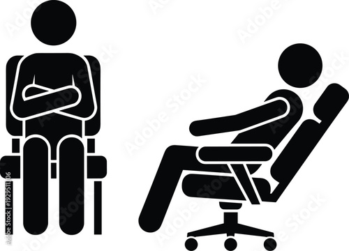 Black silhouette illustration of two seated figures in different chairs, upright posture versus reclining comfort, contrasting seating styles, office chair and simple chair artwork concept