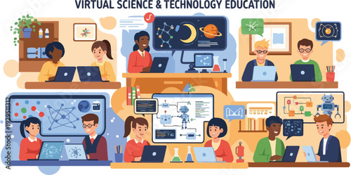 Illustration of diverse students and teachers engaged in remote STEM education with laptops and digital tools in a vibrant, virtual classroom setting with a mix of warm and cool tones.