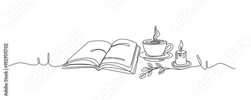 One continuous line drawing of Opened book. Education in school and library studying in simple linear style.Writing draft business in Editable stroke. Doodle vector illustration