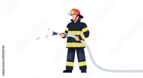 Vector illustration of a firefighter in full gear, holding a hose and spraying water against a white background; great for safety campaigns and emergency services.
