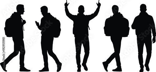 Black silhouette collection of young men with backpacks walking traveling and using smartphones in various poses isolated on white background for travel design 