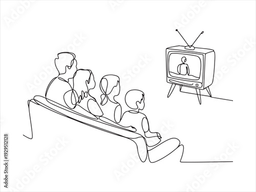 Continuous Line Drawing Family Watching Television Vector Illustration