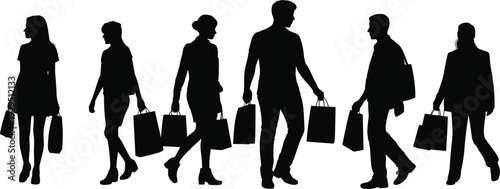Black silhouettes of men and women walking with shopping bags, group of diverse people carrying paper bags after seasonal sale, isolated