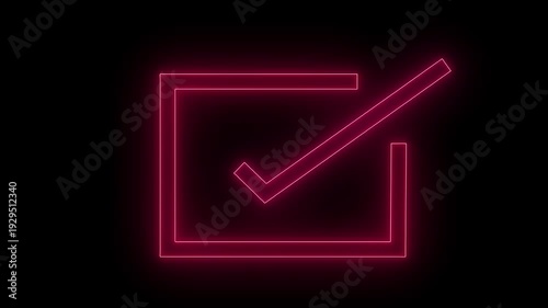 Glowing blue neon checkmark in a square box, .Glowing neon line Tick mark or confirm icon animation.Minimal neon Check Mark icon on black background. 4k video