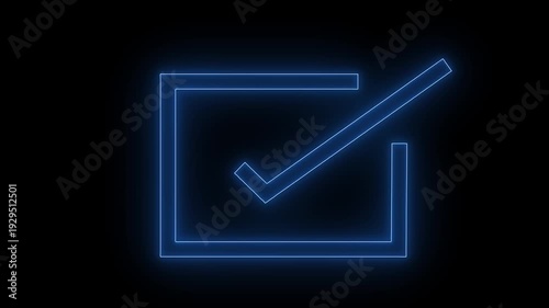 Glowing blue neon checkmark in a square box, .Glowing neon line Tick mark or confirm icon animation.Minimal neon Check Mark icon on black background. 4k video