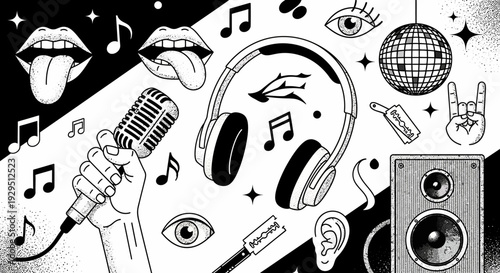 Vibrant Music and Party Icons Montage: From Microphones to Disco Balls