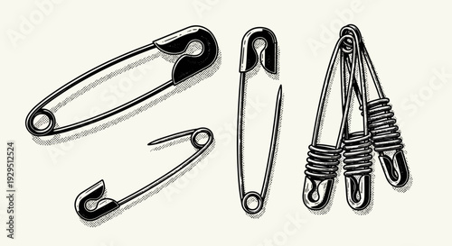 Vintage Illustration of Safety Pins in a Sketchy Style on a Cream Background