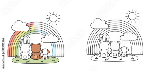 Cute cartoon animals coloring book page. Rabbit, bear, and dog sitting on grass under a rainbow and sun. Line art and partially colored vector illustration for kids.