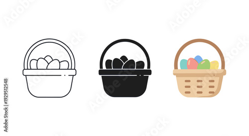 Three Easter basket icons in line, silhouette, and color variations fill with colorful eggs against a clean white backdrop, perfect for holiday designs.