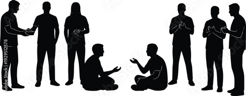 Black silhouette of a community group of men sharing food, sitting and standing together in conversation, charity donation concept, hungry people receiving help, social gathering 