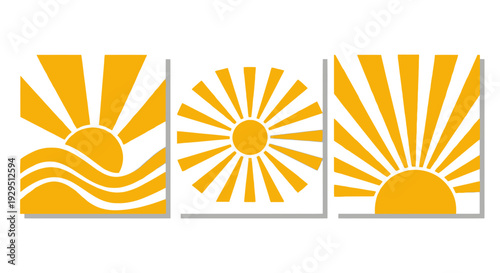 Minimalist Set of Sunrise and Sunset Icons with Beams and Waves on White Background