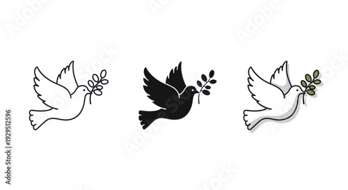 Three dove icons symbolizing peace, flying with olive branch in different design styles over a white background, conveying hope and tranquility.