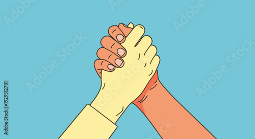 Illustration of diverse hands clasped together in solidarity and support from a front viewpoint