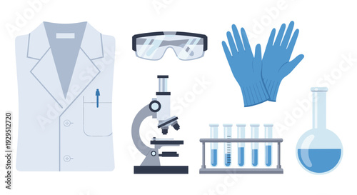Illustration of science and medical equipment including a lab coat, goggles, microscope, gloves, test tubes, and a flask, ideal for representing research and healthcare.