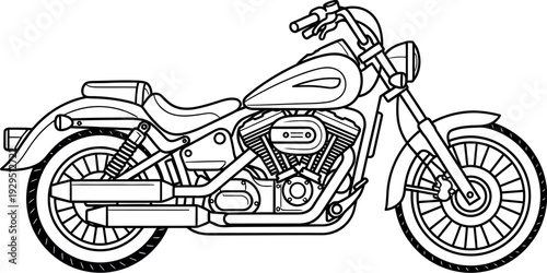 Detailed line art drawing of a classic cruiser motorcycle side profile illustration