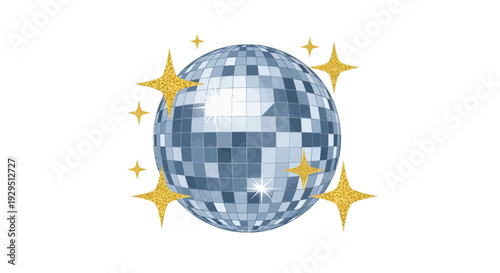 Sparkling Disco Ball with Golden Stars Reflecting Light, Retro Party Decoration