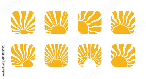 Set of Eight Abstract Sun Icons with Rays and Curved Lines on White Background