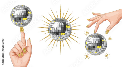 Sparkling Disco Balls and Glamorous Hands with Glitter Nails, Party Vibes