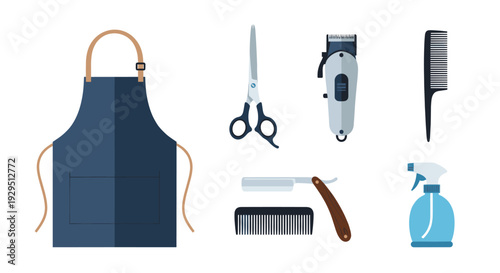 A flat lay composition featuring barber equipment including an apron, scissors, clipper, comb, razor and spray bottle arranged on a clean white background. Use for barbershop concepts.