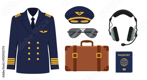 Flat lay illustration showcases a pilot's uniform, hat, headset, suitcase, passport, and aviator sunglasses on a clean white background, ideal for travel or career concepts.