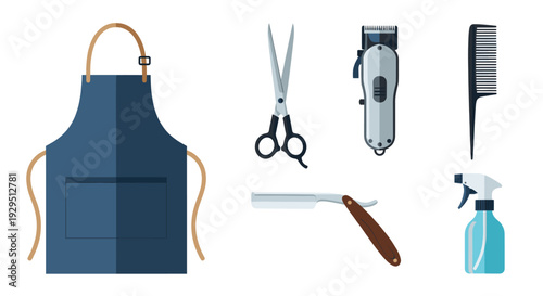 Isolated barber tools, including apron, scissors, razor, clipper, comb, and spray bottle, on a white background; perfect for illustrating hair styling services, equipment or salon.