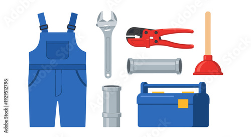 Vector illustration showing the plumber's tools neatly arranged; tools include overalls, wrench, pipe cutter, pipes, plunger, and toolbox, isolated on white for repair and maintenance services.