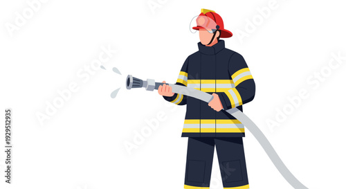Illustration of firefighter holding hose, spraying water wearing protective gear, for themes of emergencies, safety, and community service. Isolated on a clean white background.