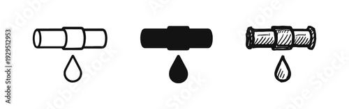 Leaking Water Pipe Icon Set in Outline, Solid, and Hand Drawn Styles on White Background