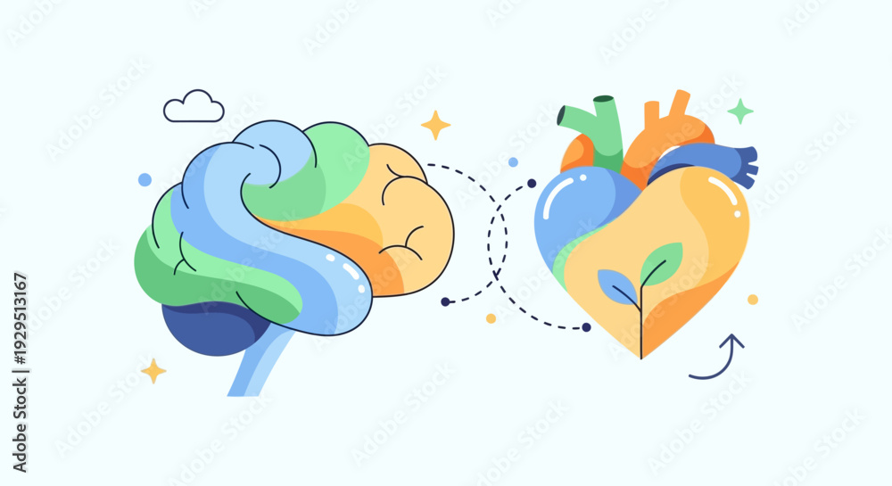 Fototapeta premium Illustration of human brain and heart connection in vibrant colors and abstract shapes