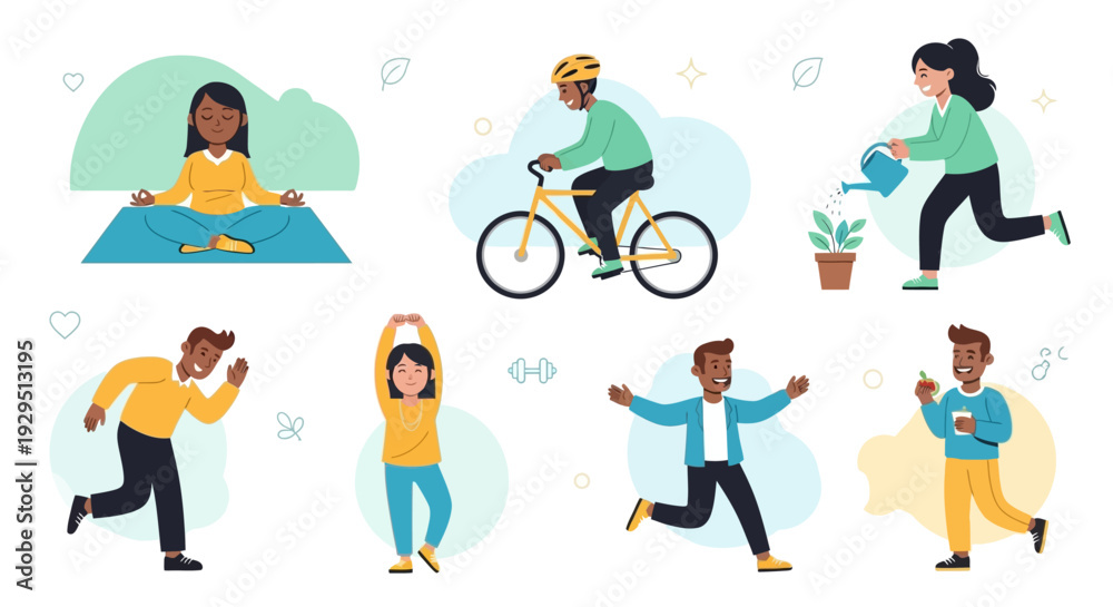 Fototapeta premium People Engaging in Various Fitness Activities Outdoors and Indoors Illustrated in a Vibrant and Dynamic Scene