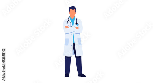 Confident doctor with a stethoscope and lab coat stands with arms crossed against a clean white backdrop, conveying expertise and trust. Useful for healthcare and medical contexts.