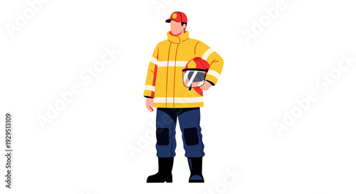 Illustrated firefighter wearing a yellow coat and red hat stands holding a helmet against a plain white backdrop, suitable for safety campaigns and emergency service visuals.