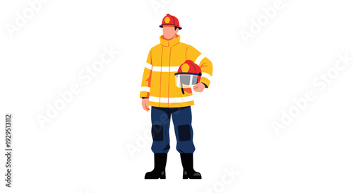 An illustration of a firefighter in uniform holding a helmet with visor stands on a white background; illustration can be used for safety campaigns.