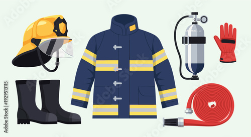 Flat lay illustration featuring firefighter uniform jacket, helmet, boots, hose, oxygen tank, and gloves against a clean, light background, suitable for safety or occupation concepts.