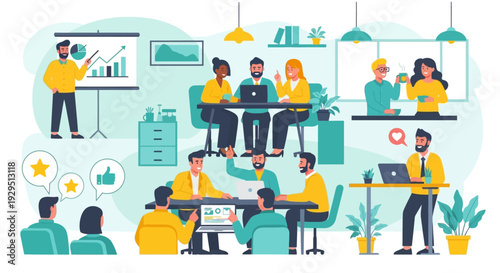 Diverse team collaborating in a modern, vibrant office space illustration with professionals engaged in various activities