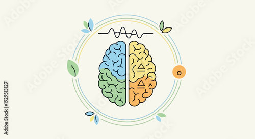 Illustration of a human brain divided into colorful sections surrounded by leaves and circular elements