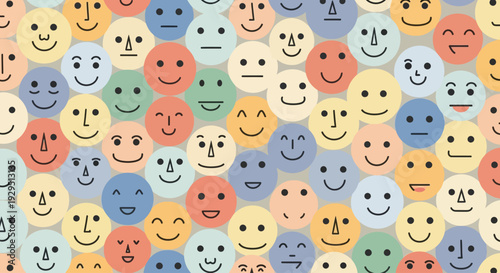 Vibrant emojis in various facial expressions and colors arranged closely together on a pastel background from a direct viewpoint