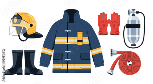 Firefighter gear including a helmet, jacket, boots, gloves, air tank, and hose are arranged on a clean, white background. The image is flat vector style.