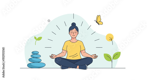 Serene woman meditating surrounded by nature elements in a peaceful environment from a calm viewpoint