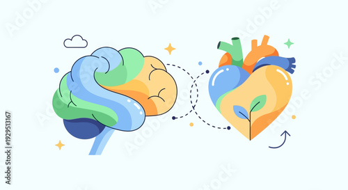 Illustration of human brain and heart connection in vibrant colors and abstract shapes